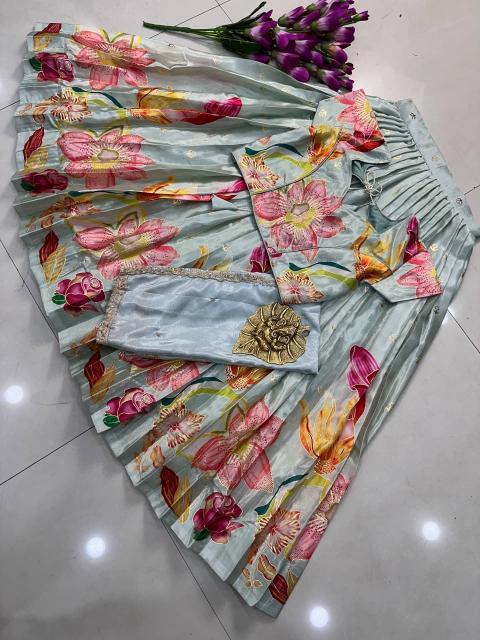 kids lehenga chinon silk Sky blue Children clothing wholesale